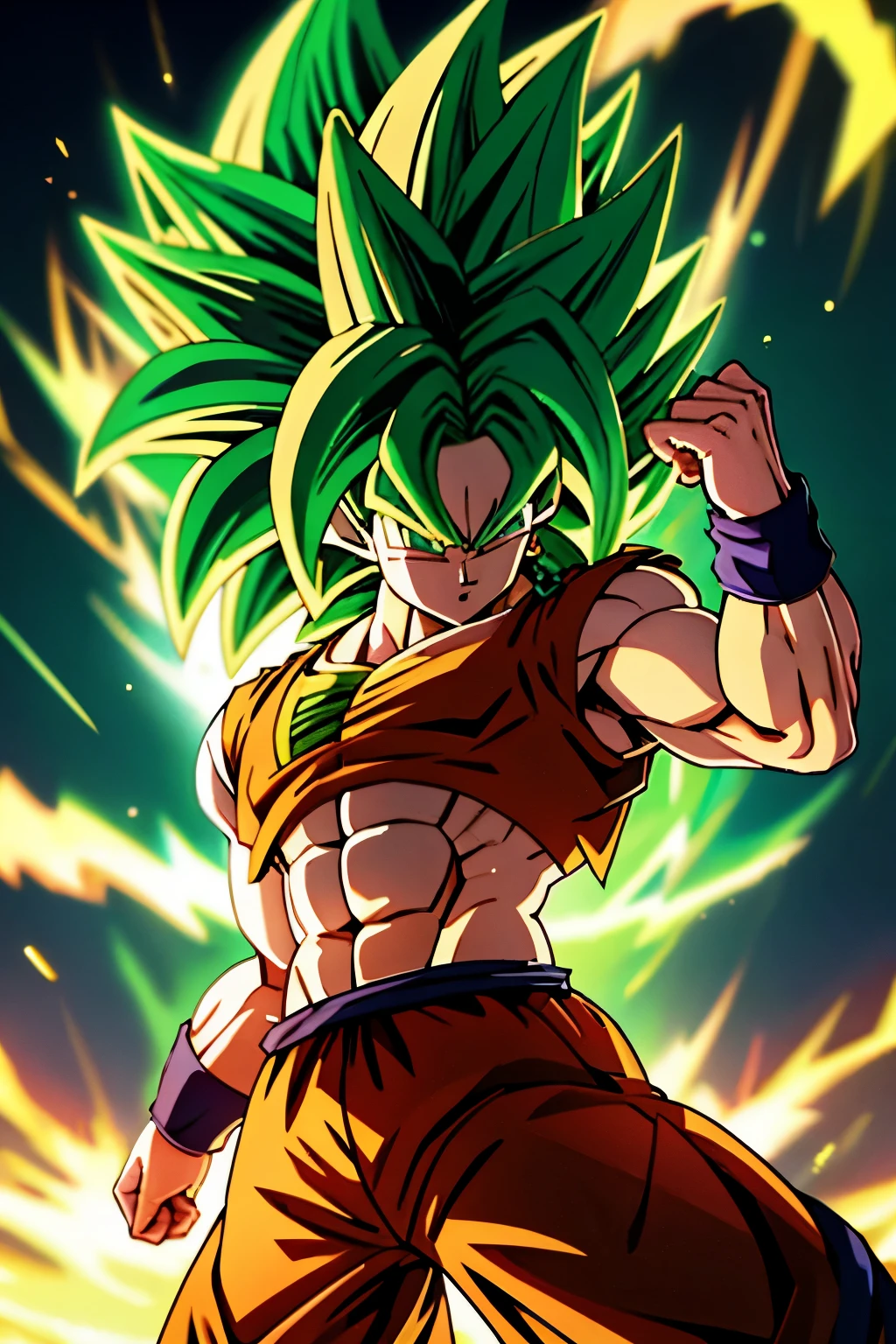 ((((Super Saiyan Legendary Broly)))) in a breathtaking and dynamic masterpiece of 4D HD quality, exuding a sense of realism. With his vibrant green hair flowing in the air, Broly's power and intensity are captured in this top-quality image. The level of detail in this artwork is astounding, showcasing every muscle and vein on his perfectly sculpted body. As the light reflects off his chiseled features, his fierce and determined expression truly brings the character to life. This award-winning photo is a testament to the skill and creativity of the photography masters, with its stunning lighting and realistic portrayal of Broly's immense power. The vibrant colors and intricate shading create a mesmerizing visual experience that immerses the viewer in the world of