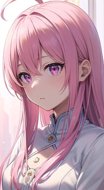 最high quality,very detailed,high quality,Extremely detailed,masterpiece,Super fine,ultra high resolution,超high quality,super delicate face,super realistic,(1 person:1.2)、woman、(Mature:1.5)、pink hair color、(pink eyes)、small breasts 、slender body、Ahoge、