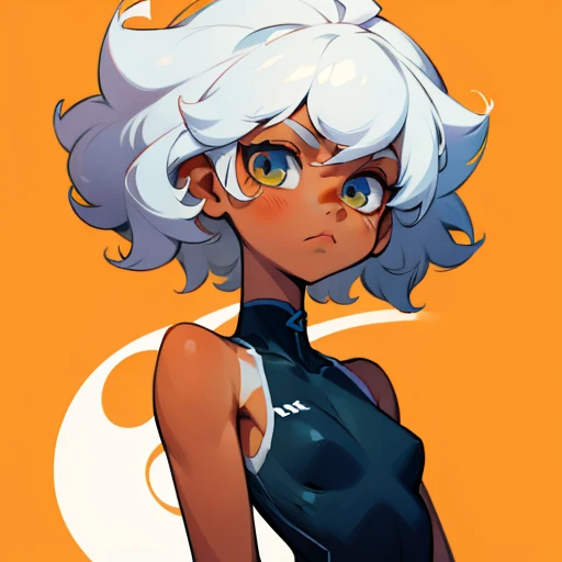 cute androgynous tomboy girl, medium white hair, sporty, tan skin, breasts, curly hair