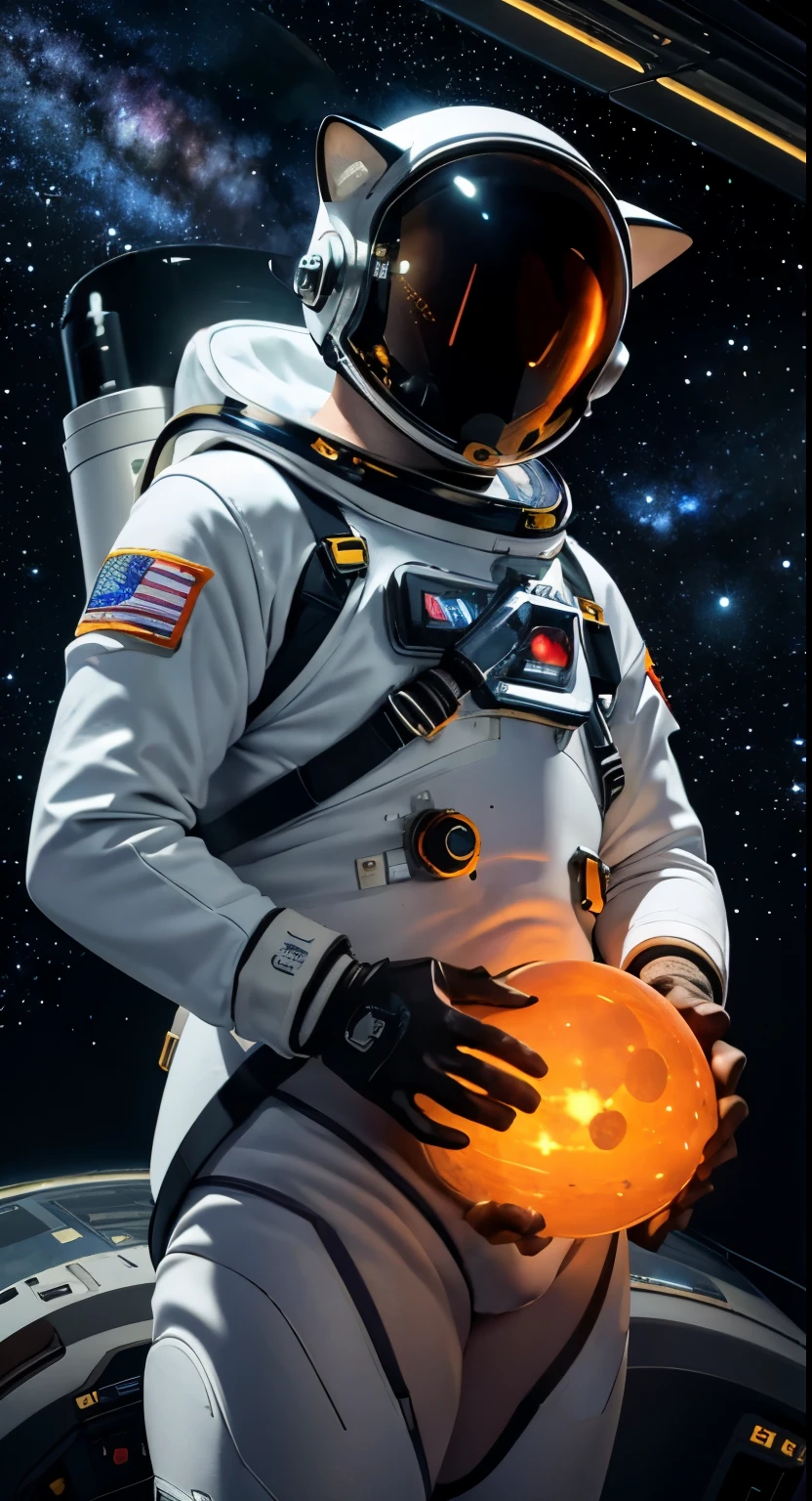 (best quality,ultra-detailed),
a cat-headed man in an astronaut suit,
vivid colors,
sharp focus,
space exploration,
outer space background,
bright stars,
moonlight,
galaxy,
alien planet surface,
futuristic technology,
astronaut helmet,
reflective visor,
oxygen tank,
astronaut gloves,
moon rocks,
spacecraft,
rocket propulsion,
zero gravity,
spacewalk,
scientific mission,
intergalactic travel,
cosmic adventure.