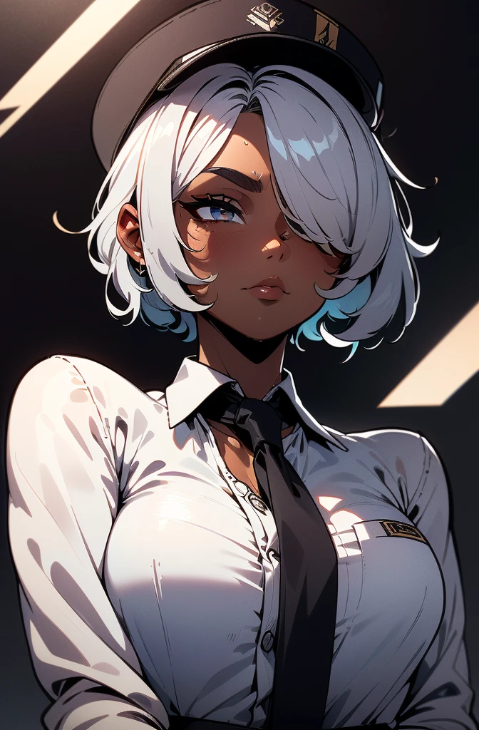 ((black skin)), ((tanned skin)), Full body, (masterpiece), best quality, expressive eyes, perfect face,(masterpiece), best quality, expressive eyes, perfect face, (Masterpiece:1.4),(highly detailed), (high CG:1.4), high quality, ultra detailed, ultra realistic, hyper beautiful and delicate, (1 girl:1.4), (ultra detailed eye:1.4) , (mascular body:1.3), darkness,(illustration:1.4),(overexposure:1.3),(photography:1.3),(macro lens:1.1).,kurenaiz1, ((best quality)), (((clearly drawn face))), (detailed body), ((realistic eye)), (((perfect anatomy))),(detailed eyes),(detailed skin),(shiny_skin),(shiny_hair), (octane rendering), ((16k)), ((ultra high res)) , ultra realistic ,(serious eyes), (((aloof expression))), perfect face, ((mysterious)), ((atractive)), (36 years old). ((((tanned skin)))). (((short yet stylish silver hair)), (thick silver hair), (sharp facial features), ((soft silver eyes)). ((Tuxedo)), Black tuxedo, (((wearing a black tuxedo with a white under-shirt underneath))), ((tuxedo with long sleeves)), (((she has a black drivers cap))), ((black neck tie))., ((black trousers)), ((black gloves)), ((wearing sunglasses)), ((arms crossed)), standing, ((waiting patiently)). {((Detailed eyes))}, eyes squinted, (in deep thought).,((hair over one eye)), tan, dark skin, nyantcha style