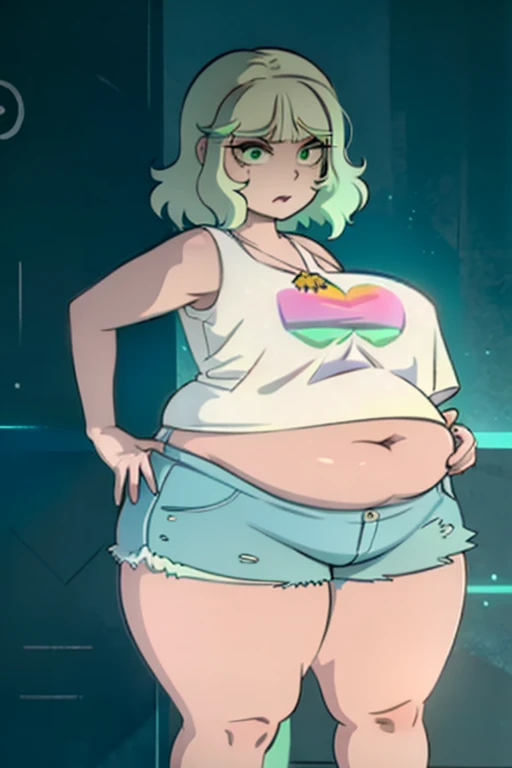 (jackie lynn thomas:1), star vs. the forces of evil, (casual outfit:1), (blonde short hair), (blue-green highlight in hair), shell necklace, (baseball t-shirt white tanktop green sleeves:1), (white striped knee socks:1), (blue jean shorts), (bobed hair), (blue-green eyes), ((green eyes)), cartoony facial features, large round eyes, blonde hair, (shorts:1.2), (realistic:1.2), (masterpiece:1.2), (full-body-shot:1),(Cowboy-shot:1.2), light particles, skate park background, neon lighting, dark romantic lighting, (highly detailed:1.2),(detailed face:1.2), (gradients), colorful, detailed eyes, (detailed landscape:1.2), (natural lighting:1.2),(detailed background),detailed landscape, (dynamic pose:1.2), wide shot, solo, bbw, plump, large belly, large breasts, large thighs, love handles, wide hips, weight gain