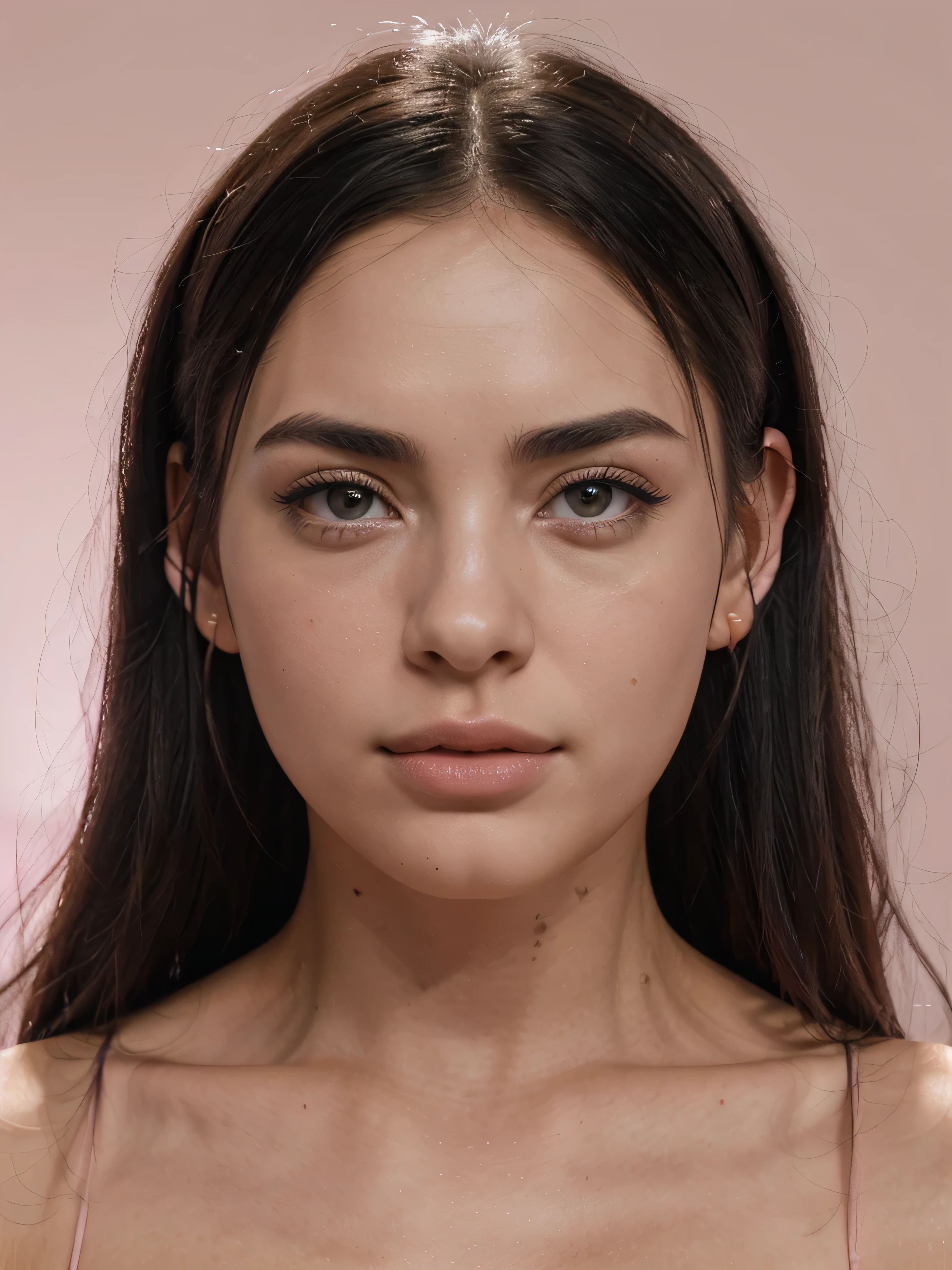 Primo piano, beautiful girl, very handsome, primissimo piano, realistic, ultra realistic, beauty pose, look in front of the camera, ((close up)), (ring light illumination), realistic skin, pores, uhd, 4k, (((black Hair))), ((look in front of the camera)), look alike Billie Eilish and Megan Fox and Liv Tyler, light in her face, (pink background), neutral t shirt, solo, Pinkish atmosphere, pink background, pink, realistic skin, skin texture, pores, (((close up))), (((Hair behind ears)))