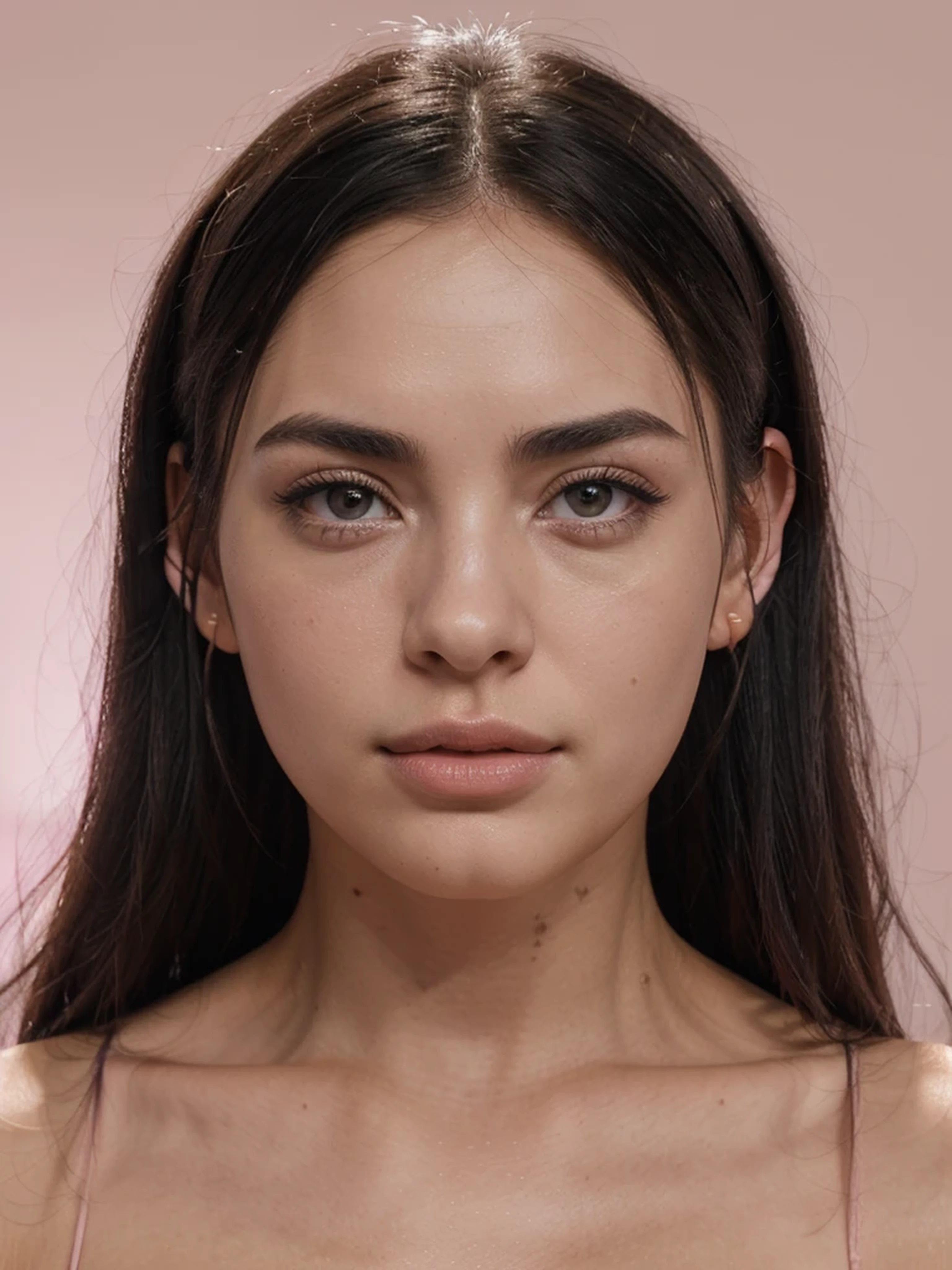 Primo piano, beautiful girl, very handsome, primissimo piano, realistic, ultra realistic, beauty pose, look in front of the camera, ((close up)), (ring light illumination), realistic skin, pores, uhd, 4k, (((black Hair))), ((look in front of the camera)), look alike Billie Eilish and Megan Fox and Liv Tyler, light in her face, (pink background), neutral t shirt, solo, Pinkish atmosphere, pink background, pink, realistic skin, skin texture, pores, (((close up))), (((Hair behind ears)))