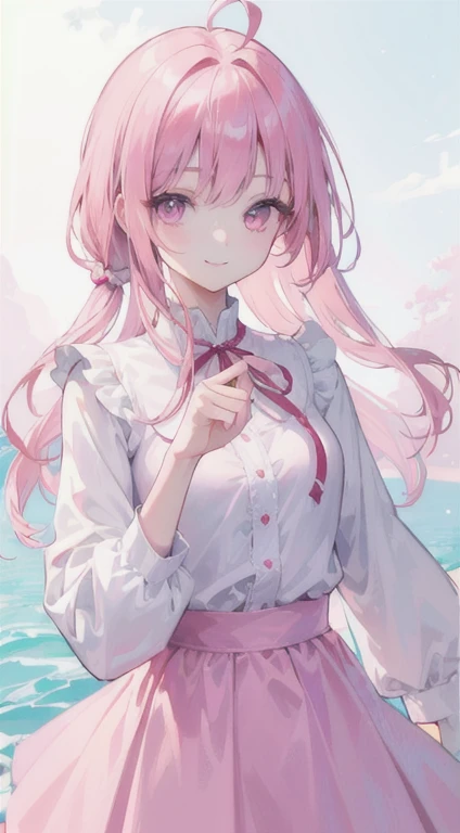 最high quality,very detailed,high quality,Extremely detailed,masterpiece,Super fine,ultra high resolution,超high quality,super delicate face,super realistic,(1 person:1.2)、woman、(Mature:1.5)、pink hair color、(pink eyes)、small breasts 、slender body、Ahoge、(smile:1.3)、White shirt and light blue skirt
