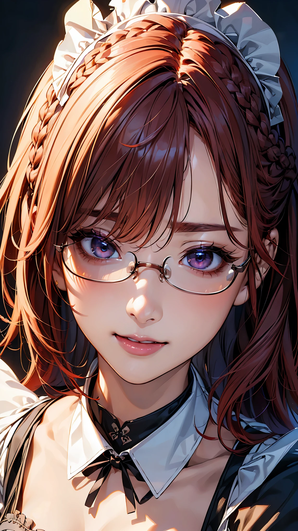 (NSFW:1.2), (8K, RAW photo, best image quality, masterpiece: 1.4), (Highly detailed CG Unity 8K wallpaper, highest quality, High resolution: 1.2), (ultra_be familiar with, UHD: 1.2), super highly be familiar with, (realistic, realistic: 1.48), 1 girl, focus only, (red hair:1.5), (Braid:1.5), side lock, bangs, ((dark purple eyes:1.4, round eyes, beautiful eyelashes)), clear eyes, Glasses, Big breasts, very big breasts, shiny hair, beautiful be familiar with cold face, enchanting smile, Beautiful and delicate eyes with intricate details, very accurate details, skin dents, outdoor, perfect face, be familiar with顔, perfect body, beautiful eyes, beautiful face,(face focus),(Portrait:1.5),beautiful clavicle,upward glance,choker,(office lounge),very cute woman,(maid:1.5)