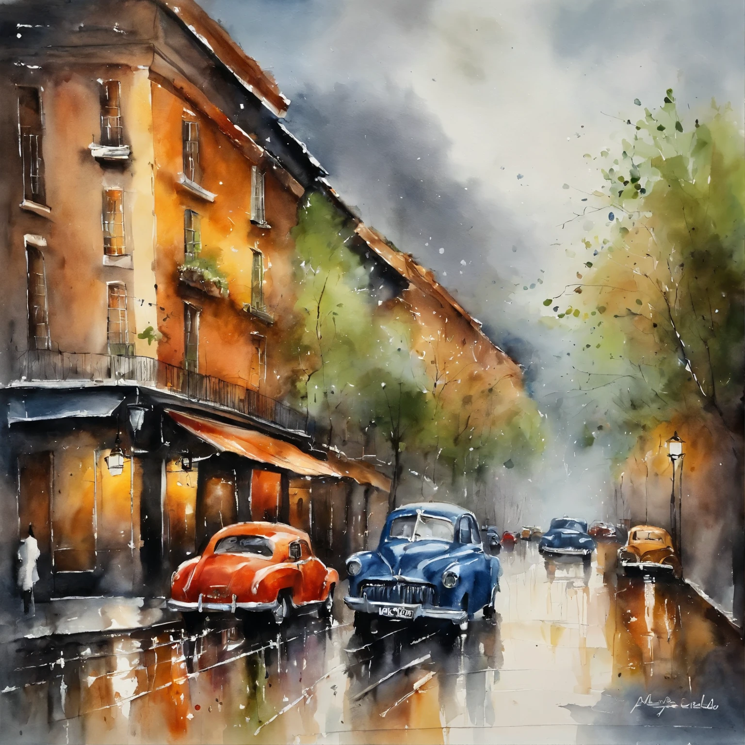 Na rua, The rain is coming, Look for buildings to shelter from the rain, com lumiarias carros anigo casas e casal se eijando na chuva, pintura a a cuarela de 1950