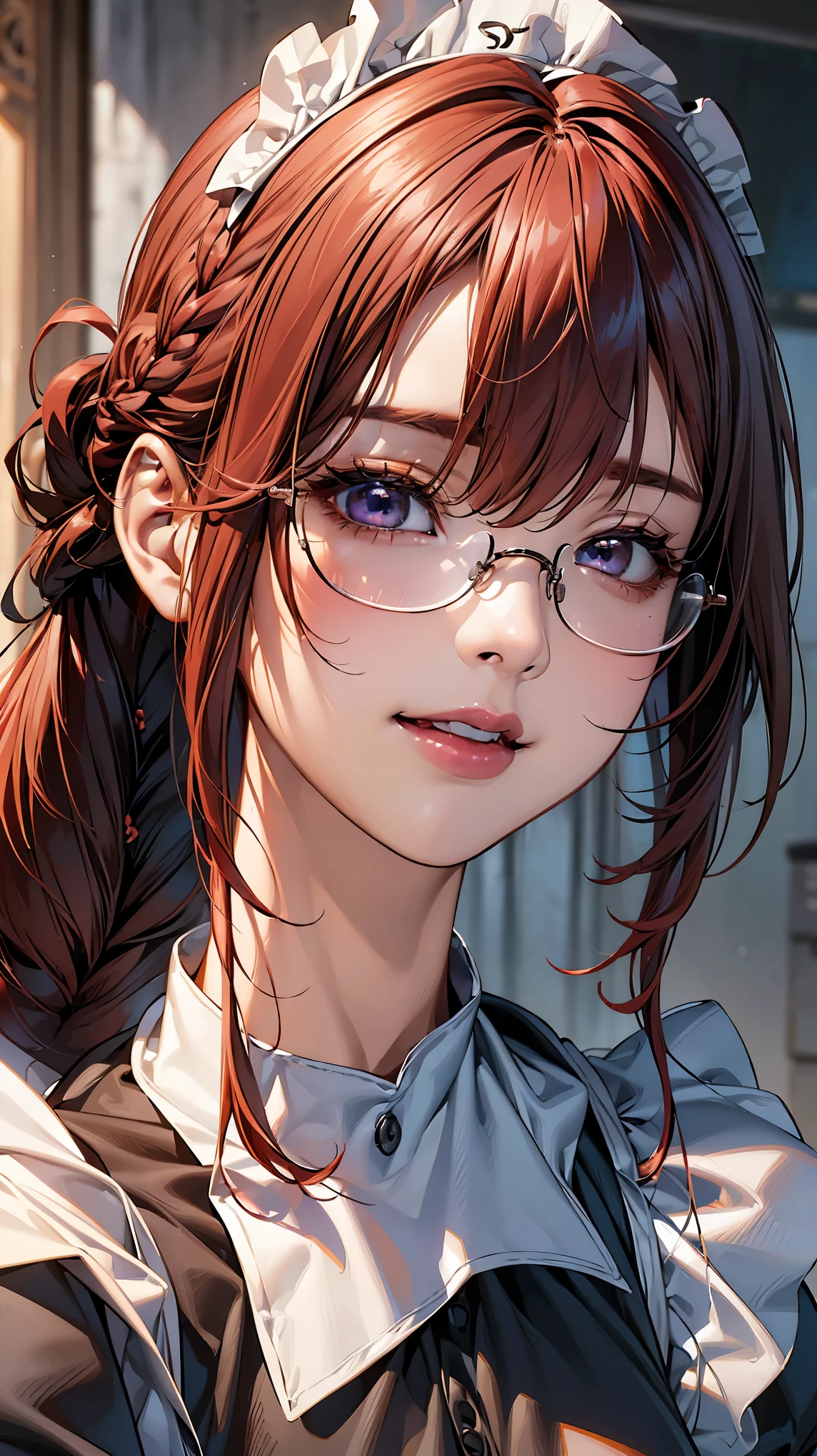(NSFW:1.2), (8K, RAW photo, best image quality, masterpiece: 1.4), (Highly detailed CG Unity 8K wallpaper, highest quality, High resolution: 1.2), (ultra_be familiar with, UHD: 1.2), super highly be familiar with, (realistic, realistic: 1.48), 1 girl, focus only, (red hair:1.5), (Braid:1.5), side lock, bangs, ((dark purple eyes:1.4, round eyes, beautiful eyelashes)), clear eyes, Glasses, Big breasts, very big breasts, shiny hair,  beautiful be familiar with cold face, enchanting smile, Beautiful and delicate eyes with intricate details, very accurate details,  skin dents, outdoor, perfect face, be familiar with顔, perfect body, beautiful eyes, beautiful face,(face focus),(Portrait:1.5),beautiful clavicle,upward glance,choker,(office lounge),very cute woman,(maid:1.5)
