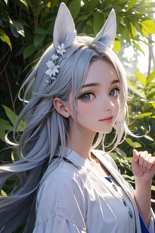 1 garota, Centauro Lillieado:1.2),cabelo roxo,cabelos longos,olhos azuis,Pelo,sorrir,cara feliz,happy expression,Floresta,fundo da floresta,(de cima),parte mestre,extremamente detalhado CG unidade 8k papel de parede, Melhor qualidade,32k,sharp focus,