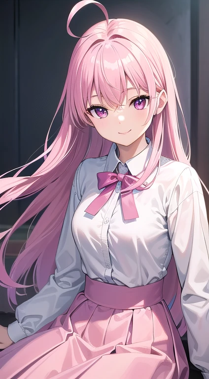 最high quality,very detailed,high quality,Extremely detailed,masterpiece,Super fine,ultra high resolution,超high quality,super delicate face,super realistic,(1 person:1.2)、woman、(Mature:1.5)、pink hair color、(pink eyes)、small breasts 、slender body、Ahoge、(smile:1.3)、White shirt and light blue skirt
