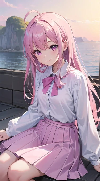 最high quality,very detailed,high quality,Extremely detailed,masterpiece,Super fine,ultra high resolution,超high quality,super delicate face,super realistic,(1 person:1.2)、woman、(Mature:1.5)、pink hair color、(pink eyes)、small breasts 、slender body、Ahoge、(smile:1.3)、White shirt and light blue skirt