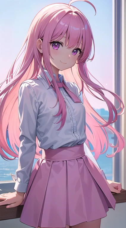 最high quality,very detailed,high quality,Extremely detailed,masterpiece,Super fine,ultra high resolution,超high quality,super delicate face,super realistic,(1 person:1.2)、woman、(Mature:1.5)、pink hair color、(pink eyes)、small breasts 、slender body、Ahoge、(smile:1.3)、White shirt and light blue skirt