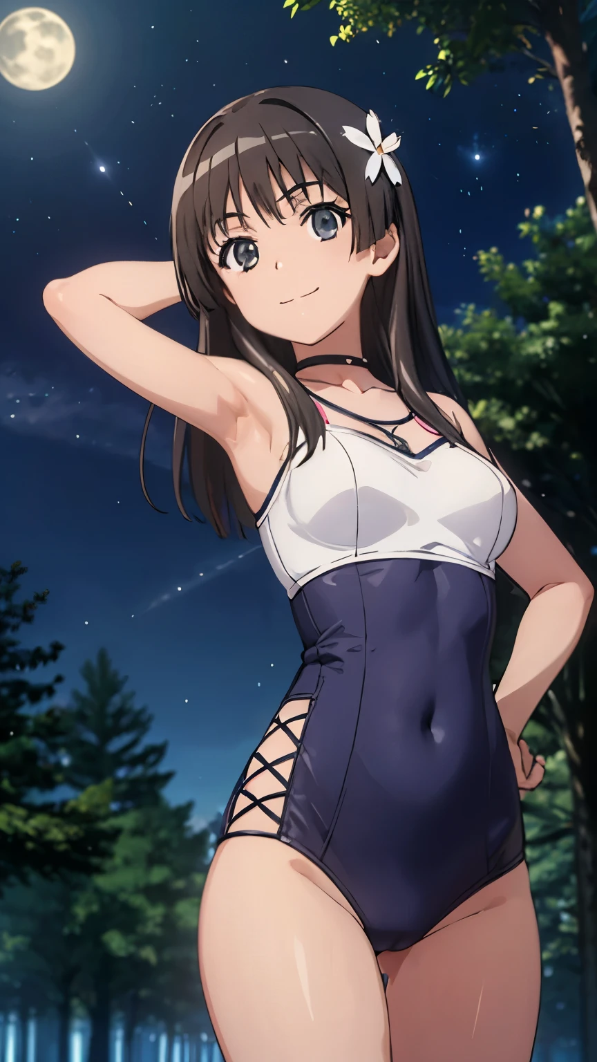 pixel perfect, Perfect in every detail, alone, 1 girl, Saten Ruiko, closed_mouth, night sky, forest, arm behind head,smile, expand the armpits, contrasting, smile,stylish pose,stylish angle,looking at the viewer,in the center of the image,cowboy shot,