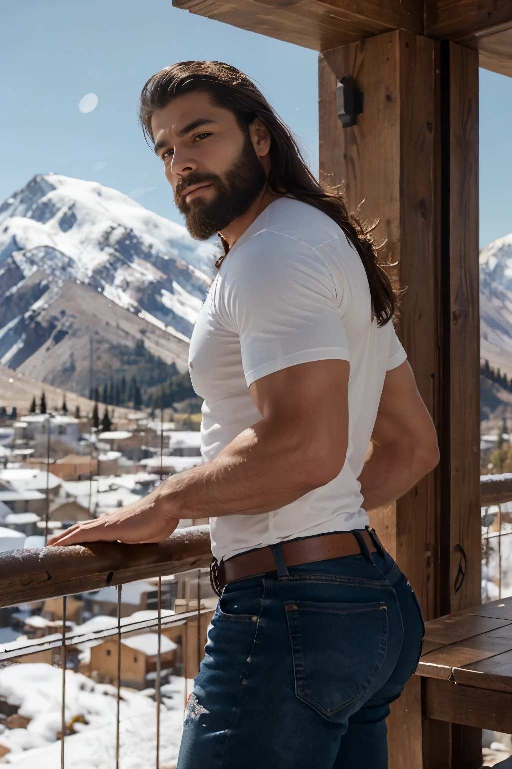 An illustration of a Greek god with a muscular build and a thick beard............., designed in modern western attire............. Tiene una camisa blanca y jeans............ His expression is confident and charming............., con un atisbo de sonrisa. The setting is a snowy mountain............, evoking a classic cold atmosphere, sin dejar de mantener el aura poderosa y regia del dios. Backside 