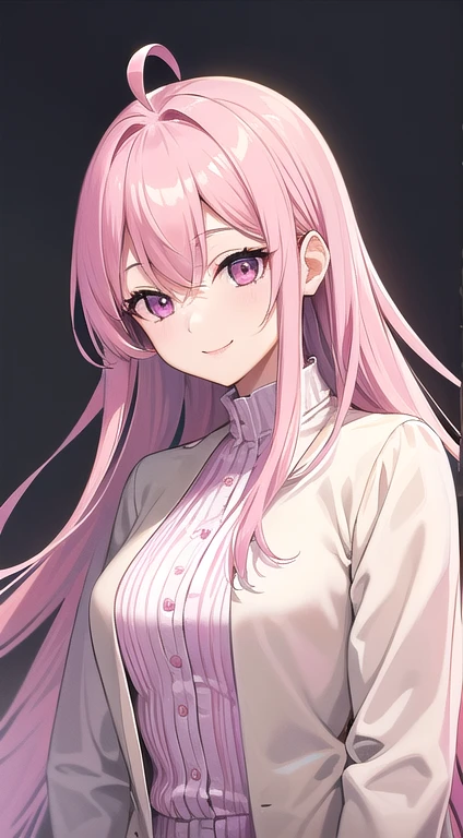 最high quality,very detailed,high quality,Extremely detailed,masterpiece,Super fine,ultra high resolution,超high quality,super delicate face,super realistic,(1 person:1.2)、woman、(Mature:1.5)、pink hair color、(pink eyes)、small breasts 、slender body、Ahoge、(smile:1.3)、tailored jacket