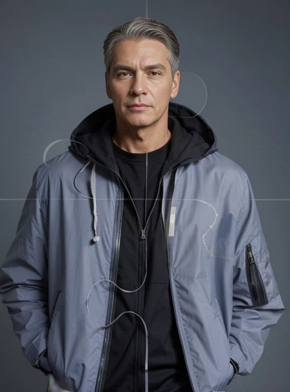 man 43 years, short gray hair,