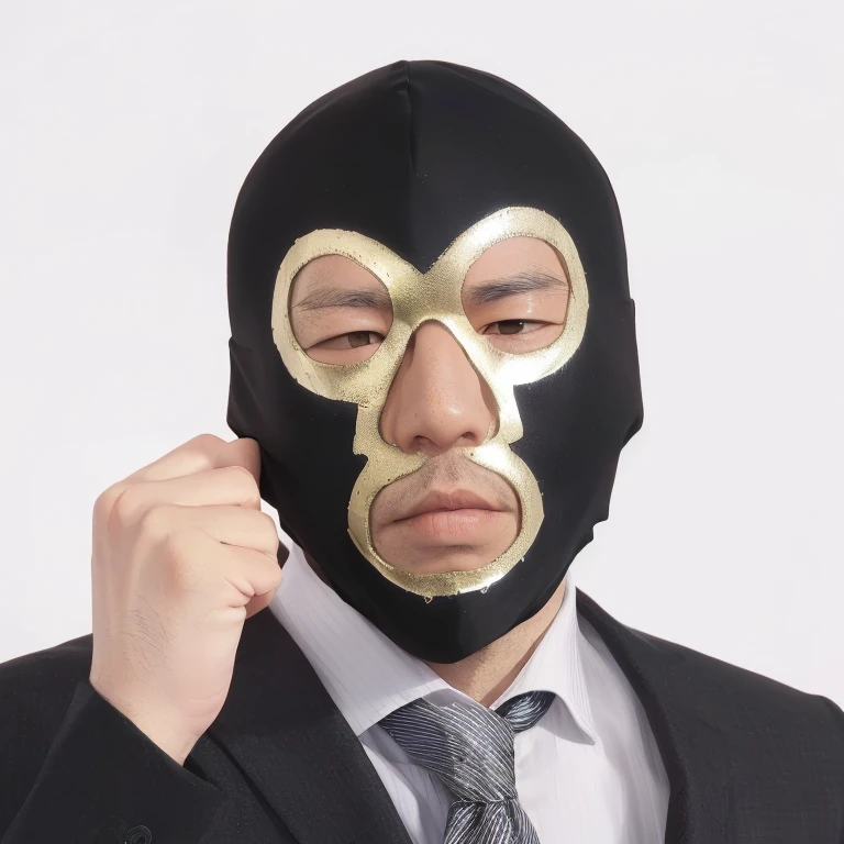 Wearing a suit and a mask,Metal mask, white man with black fabric mask, Chrome Mask, Metallic mask around the mouth, black mask, black eye mask, Full Face Occult Silver Mask, Wearing a bandit mask, a man wearing golden mask, full mask, Gold Mask, Masks within masks、black eye、Sluggish expression