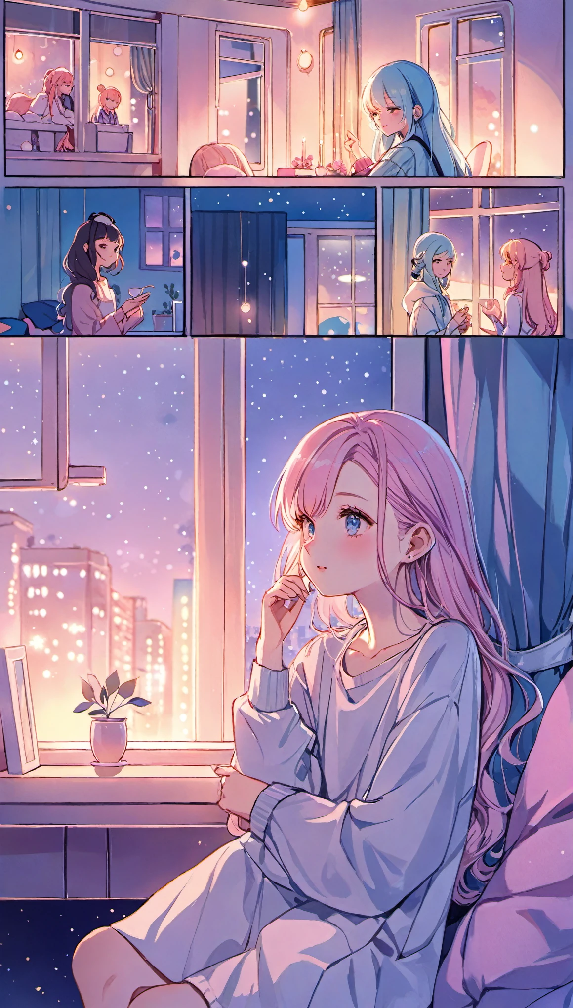 Kilian Eng Style Page Cute Girls, (((praise))), cosy night, pastel hair,masterpiece,dim light, soft colorful lighting, at night, long hair, soft aesthetic, pastel pink+blue theme, Modern interior with attention to detail, at the window, casual clothes, Anna Dittmann and Alena Aenami's style, dynamic angle (dreamy illustration:1.2) (calm and serene:1.3) (soft, calm colors:1.2) (gentle lighting:1.2) (quiet night:1.1)