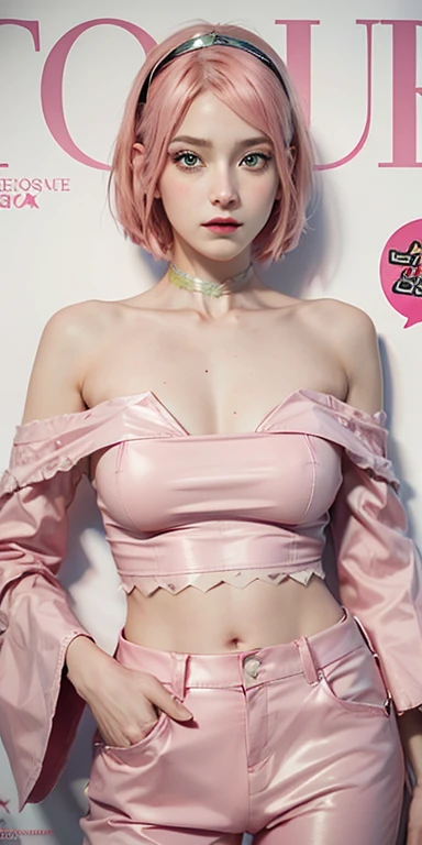 young woman, short shoulder-length pink hair, wide forehead, porcelain skin, pink eyebrows, big emerald green eyes, buttoned nose, full lips, heart-shaped face, slender body, small breasts, red tank top, Sakura Haruno , realistic, realism, details, 3d, well detailed
