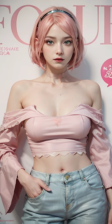 young woman, short shoulder-length pink hair, wide forehead, porcelain skin, pink eyebrows, big emerald green eyes, buttoned nose, full lips, heart-shaped face, slender body, small breasts, red tank top, Sakura Haruno , realistic, realism, details, 3d, well detailed