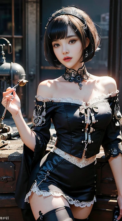 (((Masterpiece, top quality, super detailed))), One female, (((Very Slender body))) , (((Long, thin legs))), (((short black bob, thick puffy bangs))), (((very detailed face))), cosmetics-free, small thin nose, small thin-lipped mouth, (((very sharp focused eyes))), Doll-like eyes, big eyes, lonely eyes, shimmering eyes, gray eyes, long eyelashes, ((Very decorative intricate mechanical steampunk fashion, Lace Flared mini skirt, Lace stockings above the knee, Lace Off-shoulder lolita fashion, Overly decorative fashion)), The night an abandoned, intricately mechanized steampunk factory burns and explodes, (((overall accuracy has improved dramatically, creating a super detailed and realistic image))), Super realistic photo.