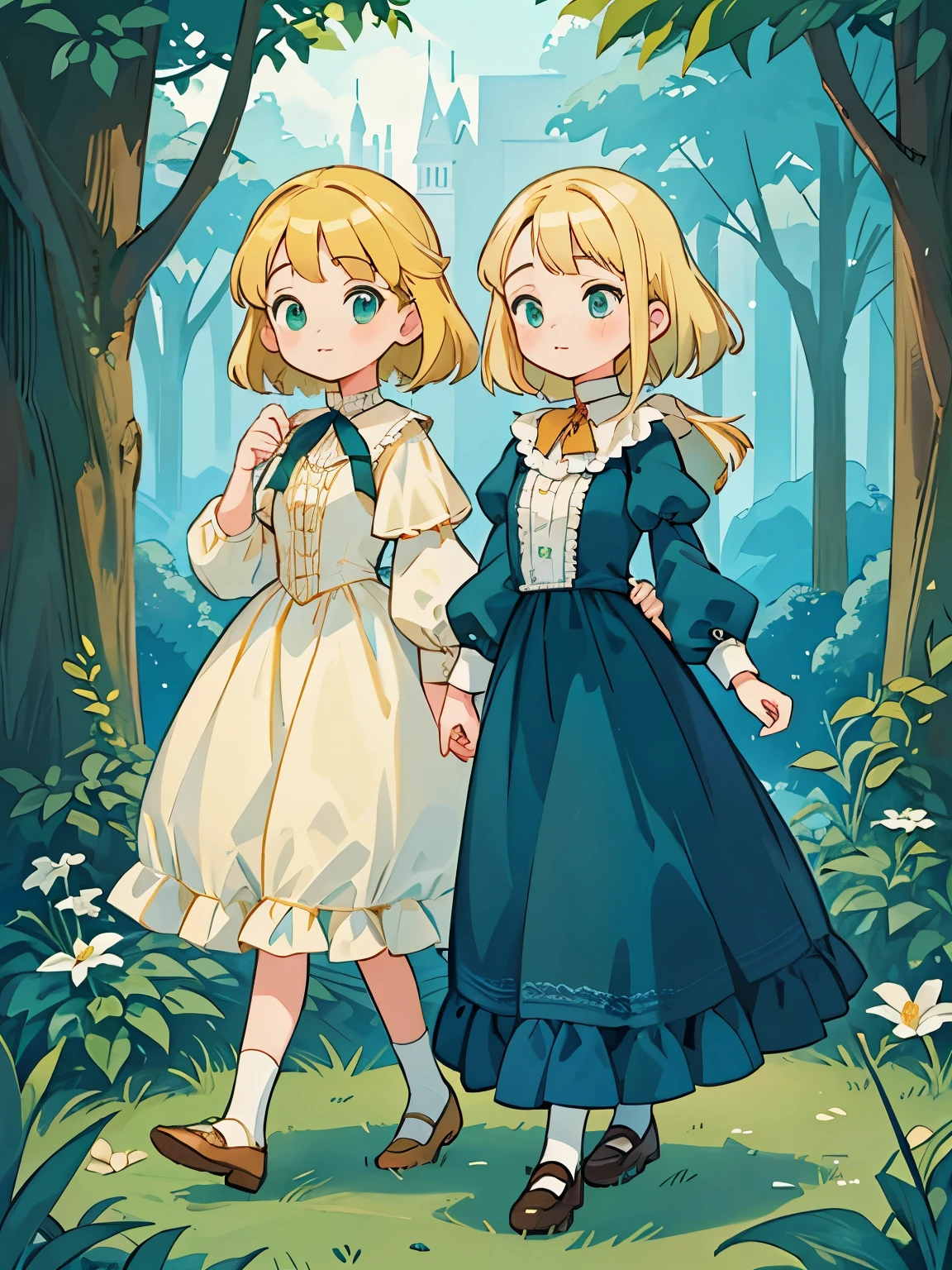 two girls, (Virginia Otis, 15 years old (blond hair, blue eyes)) pose with (16 years old Georgie Gerald (blond hair, green eyes)). Victorian style. thin, cute face, walks at night in Canterville Castle (inspired by the novel The Canterville Ghost). aged 1887, Victorian fantasy