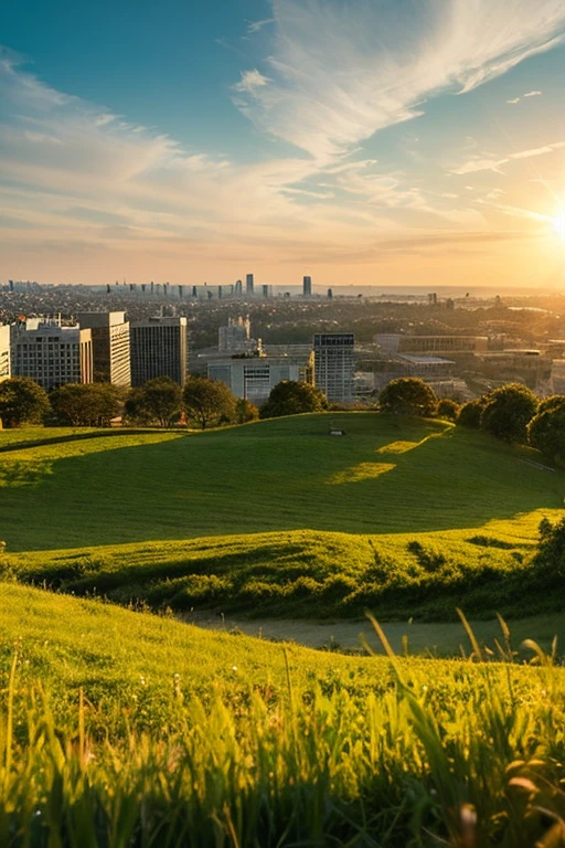 field　landscape　sunshine　overlooking the city　hill