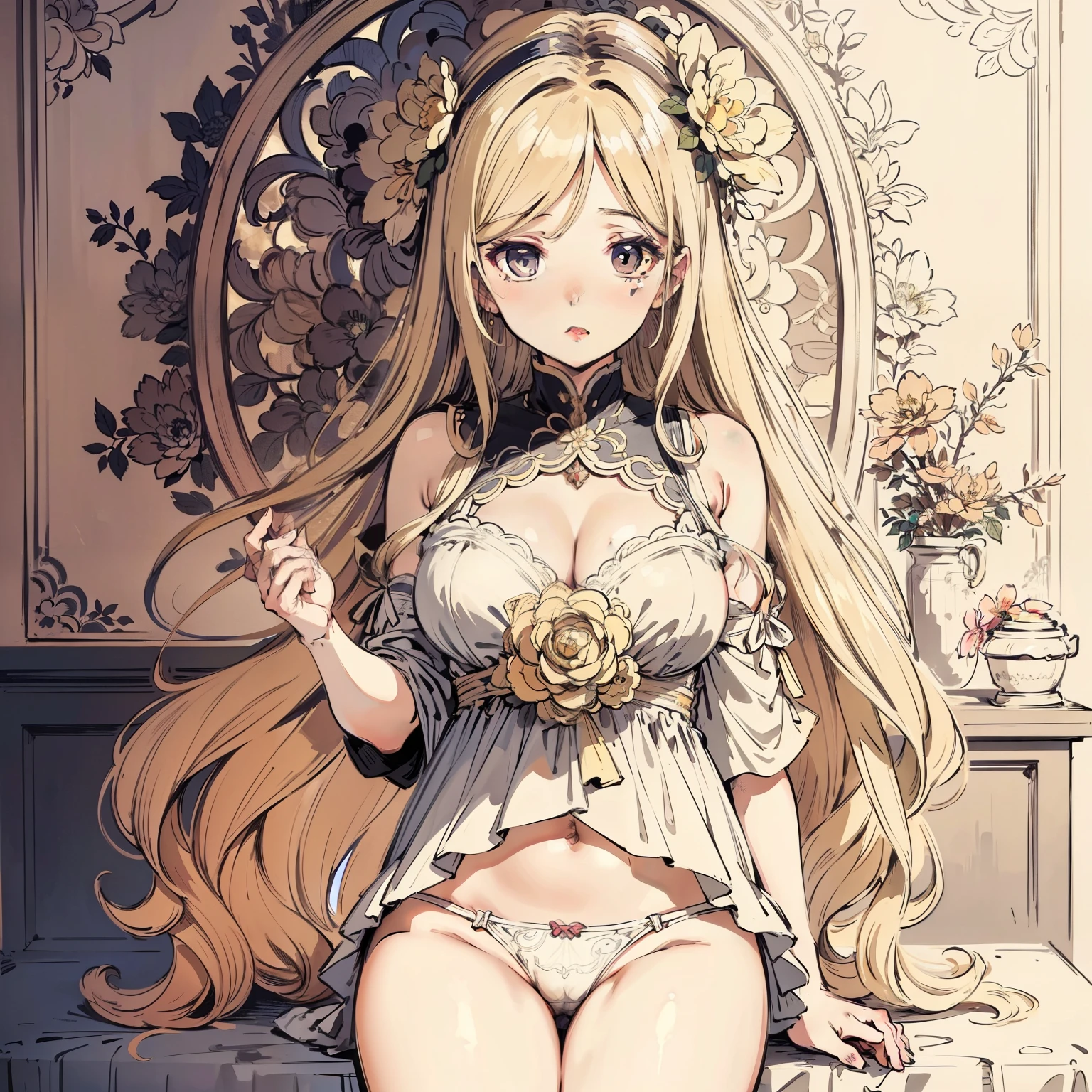 European woman face portrait, Long curly hair, Blonde, flower frame, decorative panel, abstraction, author:Alphonse Mochi (masterpiece, best quality, High resolution: 1.4), detailed, intricate details, 4K, color splash, line art, Fibonacci, wear underwear