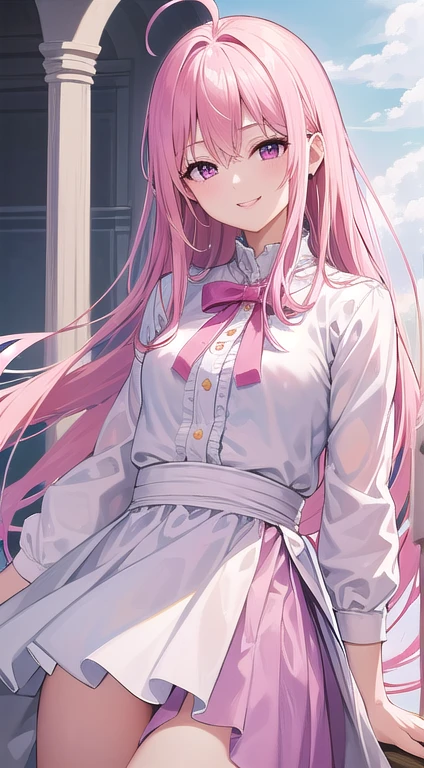 最high quality,very detailed,high quality,Extremely detailed,masterpiece,Super fine,ultra high resolution,超high quality,super delicate face,super realistic,(1 person:1.2)、woman、(Mature:1.5)、pink hair color、(pink eyes)、small breasts 、slender body、Ahoge、(smile:1.3)、(close your eyes and laugh:1.3)、White shirt and light blue skirt