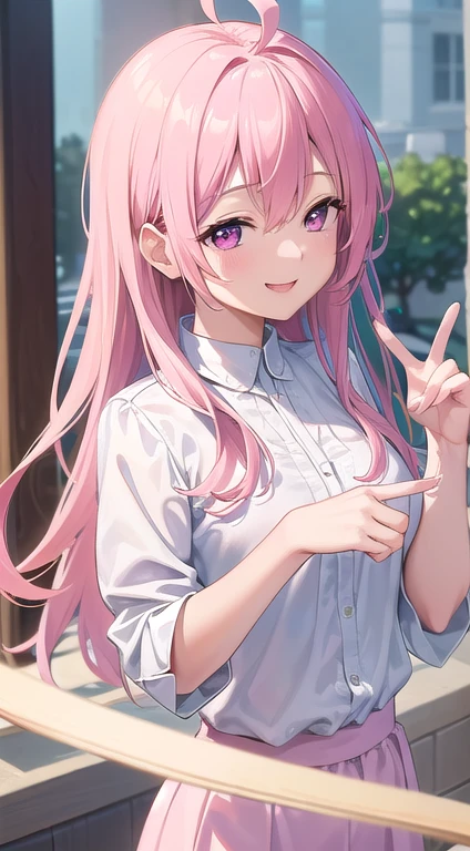最high quality,very detailed,high quality,Extremely detailed,masterpiece,Super fine,ultra high resolution,超high quality,super delicate face,super realistic,(1 person:1.2)、woman、(Mature:1.5)、pink hair color、(pink eyes)、small breasts 、slender body、Ahoge、(smile:1.3)、(close your eyes and laugh:1.3)、White shirt and light blue skirt