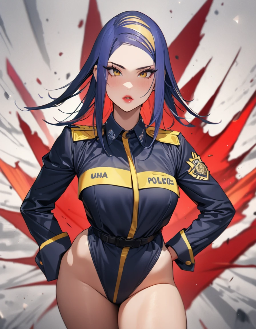 Solo, (uniforme de policia, Policewoman), leotard, piernas desnudas, Super Hero, botas, Labios separados, labios rojos, piel brillante, Abolladuras en la piel, Mejor calidad, ultra high resolution, cabello rojo, pelo bob, DE PIE RECTO, perfect anatomy, manos perfectas, ROMPER, girando como un tornado, spiral lines