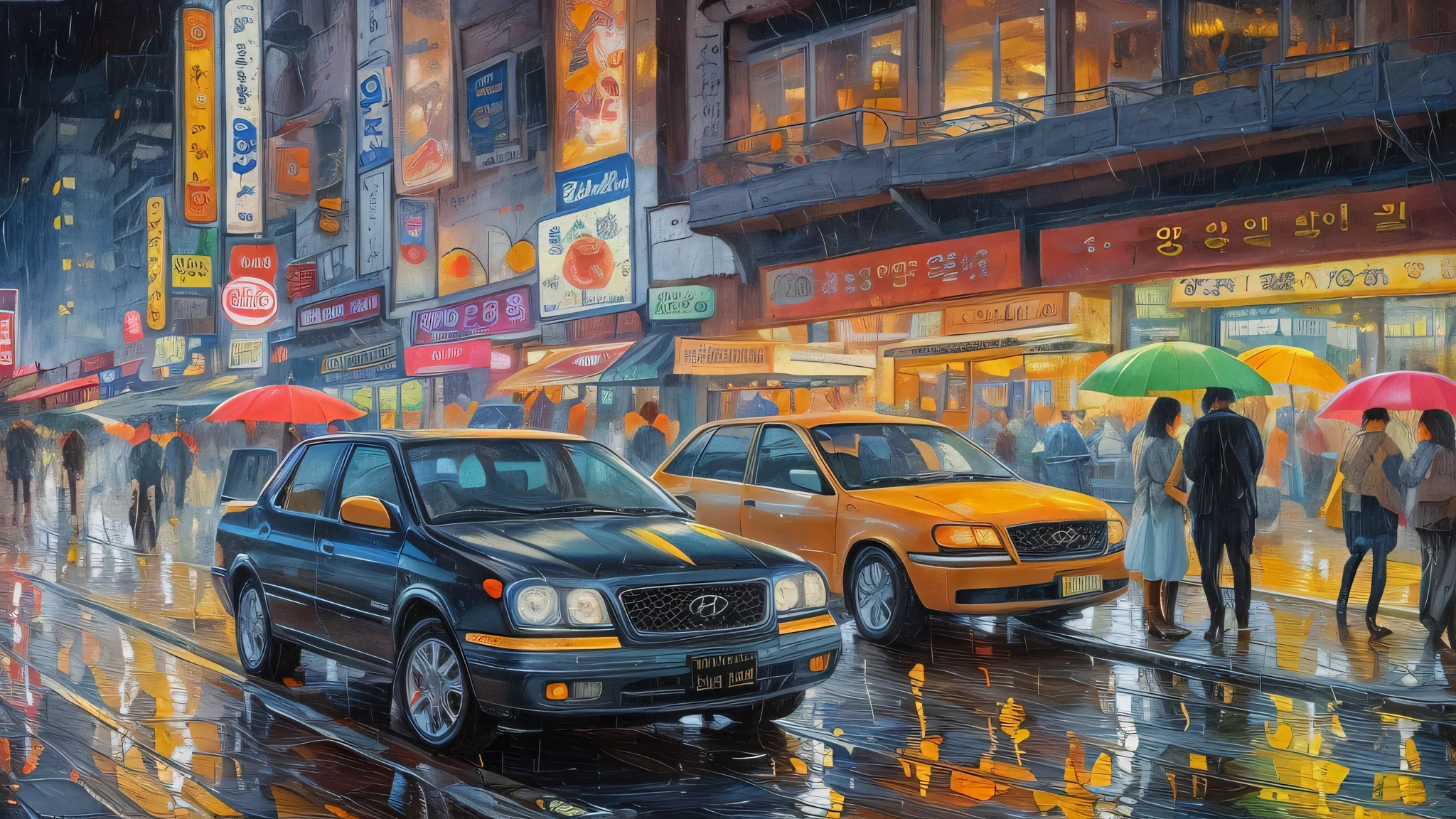 ((best quality)), ((masterpiece)), (((extremely realistic)), ((night time)), Majestic, detailed, soft oil paintings by Jim Lee, With Korea in the background, high rise, Neon Advertising Signs, very realistic, Hyundai Cars, umbrellas, realistic reflections, HDR, 8 thousand