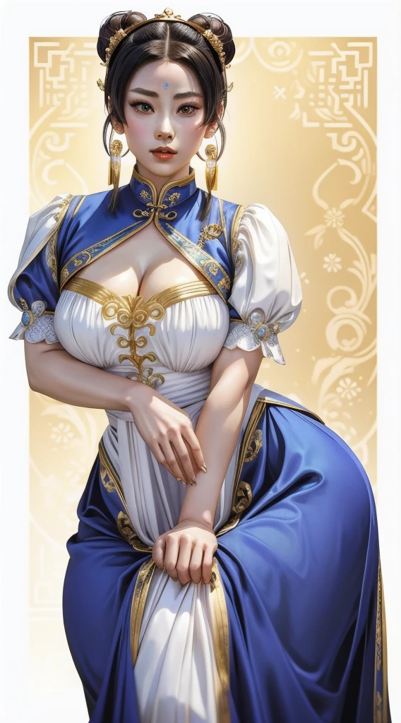 a woman in a blue dress with a gold ring on her neck, portrait of chun - li, portrait of chun li, chun li, chun - li, chun-li, thicc, commission for high res, full body xianxia, highly detailed exquisite fanart, royal elegant pose, anime goddess, ((a beautiful fantasy empress)), portrait knights of zodiac girl
