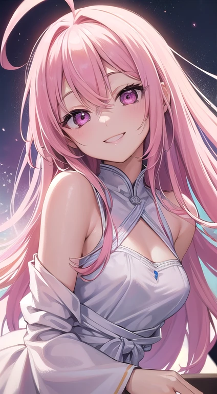 最high quality,very detailed,high quality,Extremely detailed,masterpiece,Super fine,ultra high resolution,超high quality,super delicate face,super realistic,(1 person:1.2)、woman、(Mature:1.5)、pink hair color、(pink eyes)、small breasts 、slender body、Ahoge、(smile:1.3)、(Close ~ eyes:1.3)、