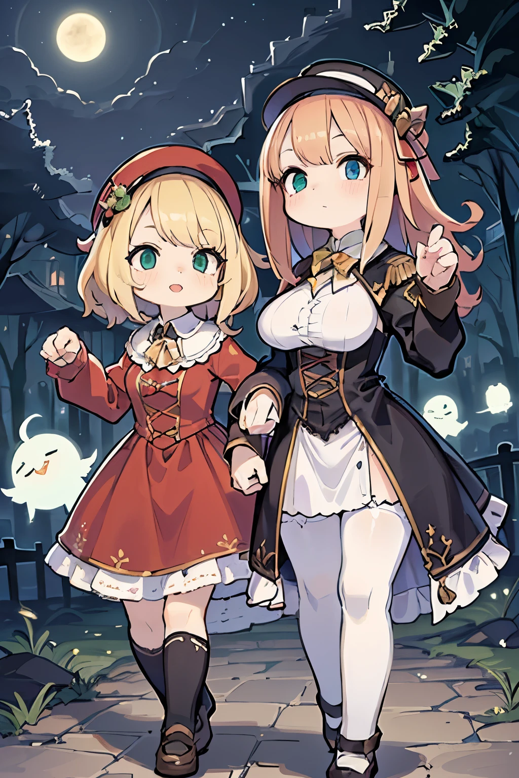 two girls, (Virginia Otis, (blond hair, blue eyes)) pose with (16 years oldald (blond hair, green eyes)). Victorian style. thin, cute face, walks at night in Canterville Castle (inspired by the novel The Canterville Ghost). aged 1887, Victorian fantasy