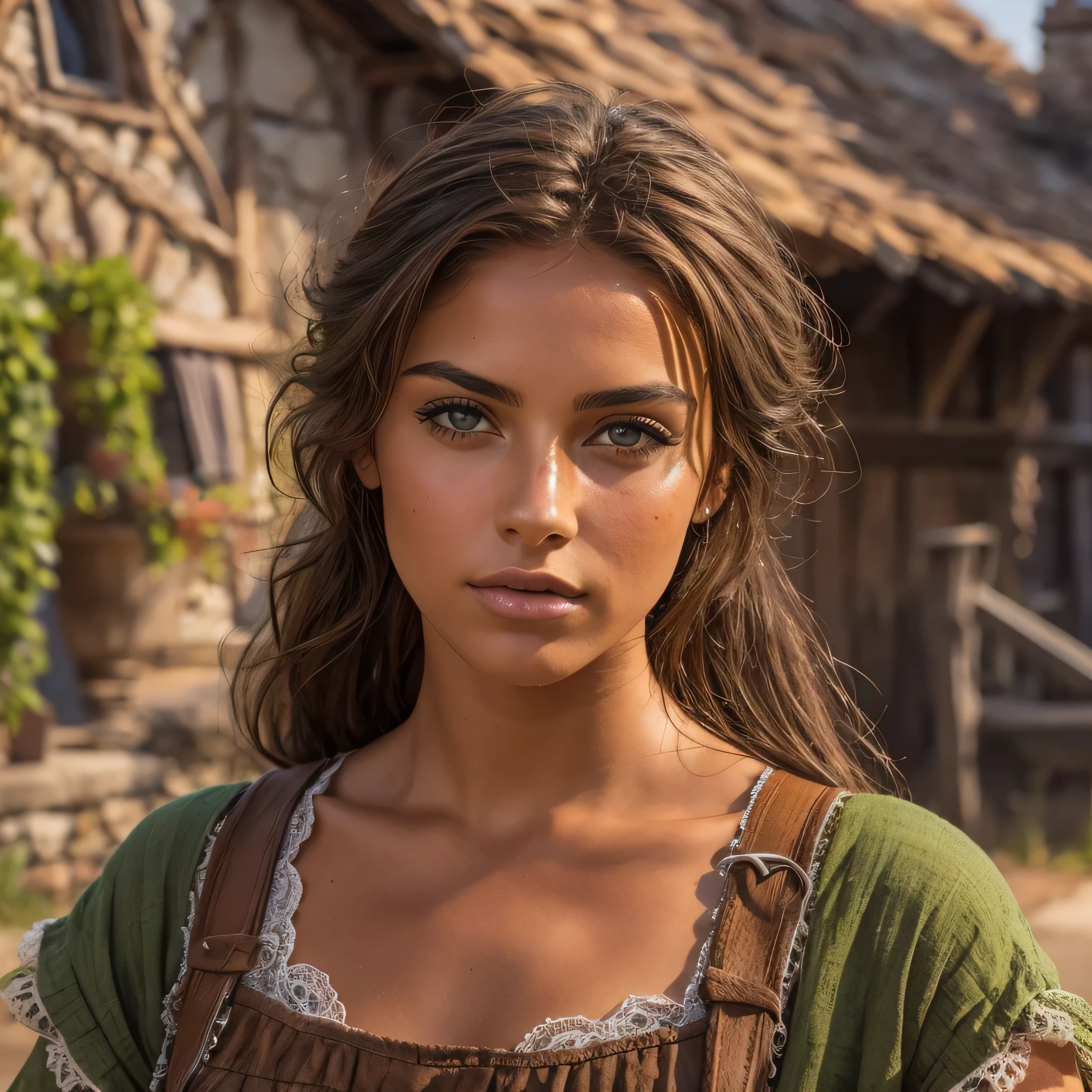 Jeune femme italienne, tanned skin, corps parfait, yeux verts, paysanne, medieval, champs, cottage, American shot, photorealistic, uhd