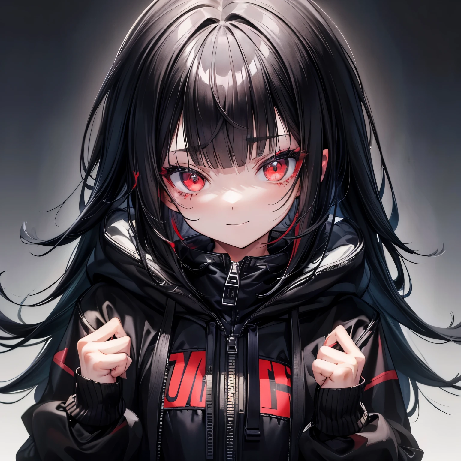 1 tiny girl, black messy hair, undress hoodie with zipper, thin hoodie, (Fluorescent zipper), (photo realstic), (cute face), naughty smile, (blunt bangs), (ultra detailed:1.4), 16K, (red eye shadow), black eyeline, cowboy shot, best quality, ((Masterpiece)),