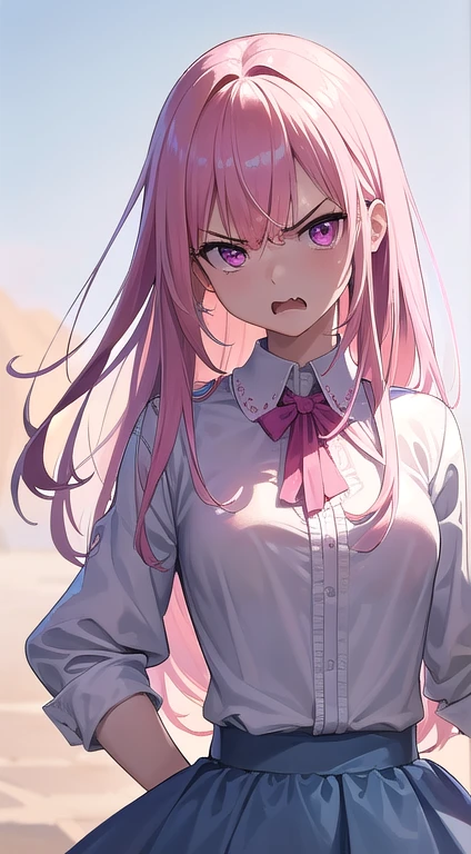 最high quality,very detailed,high quality,Extremely detailed,masterpiece,Super fine,ultra high resolution,超high quality,super delicate face,super realistic,(1 person:1.2)、woman、(Mature:1.5)、pink hair color、(pink eyes)、small breasts 、slender body、Ahoge、(Get angry:1.3)、White shirt and light blue skirt