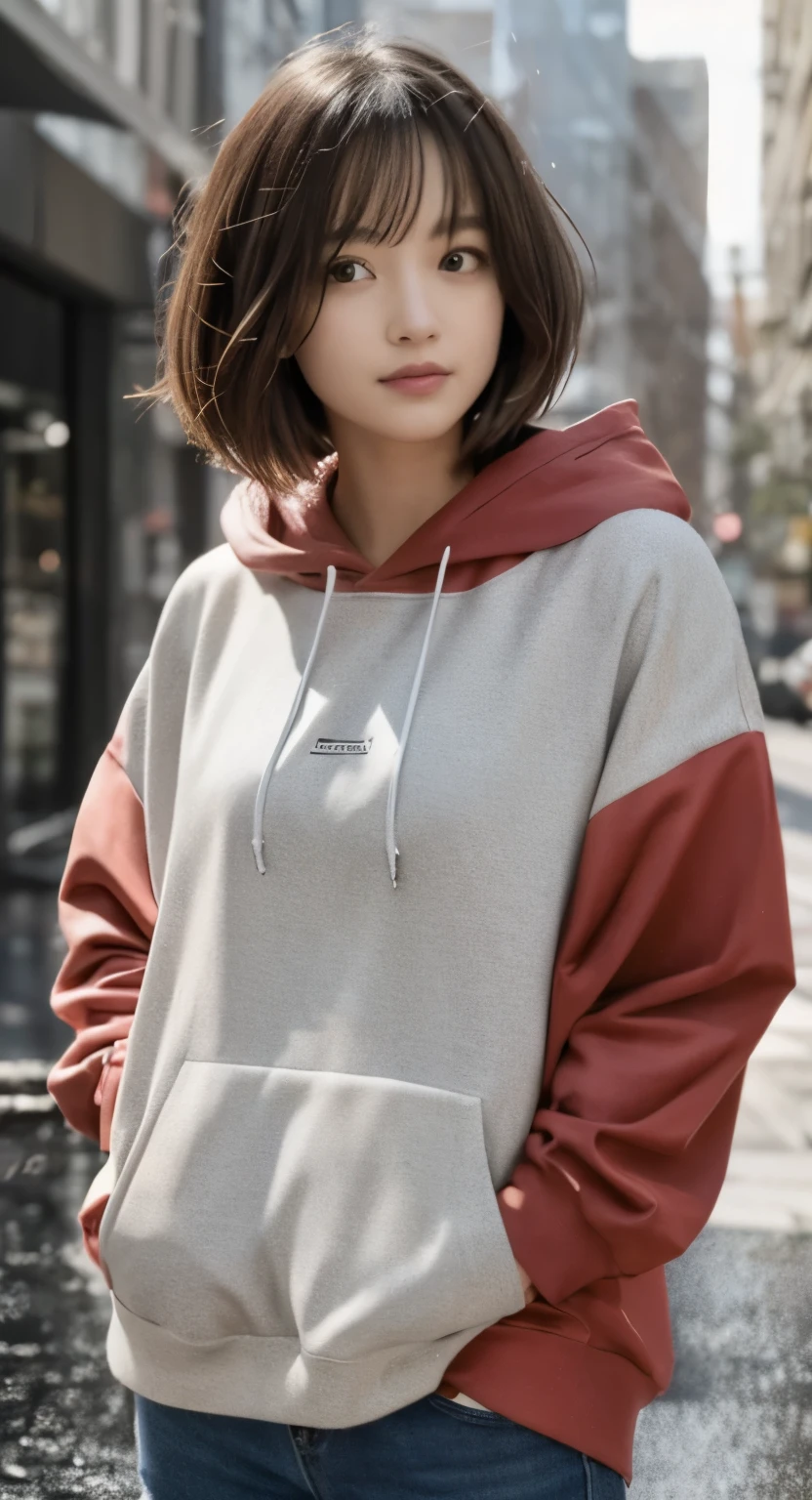hoodie:1.3, Rainy morning, medium bob