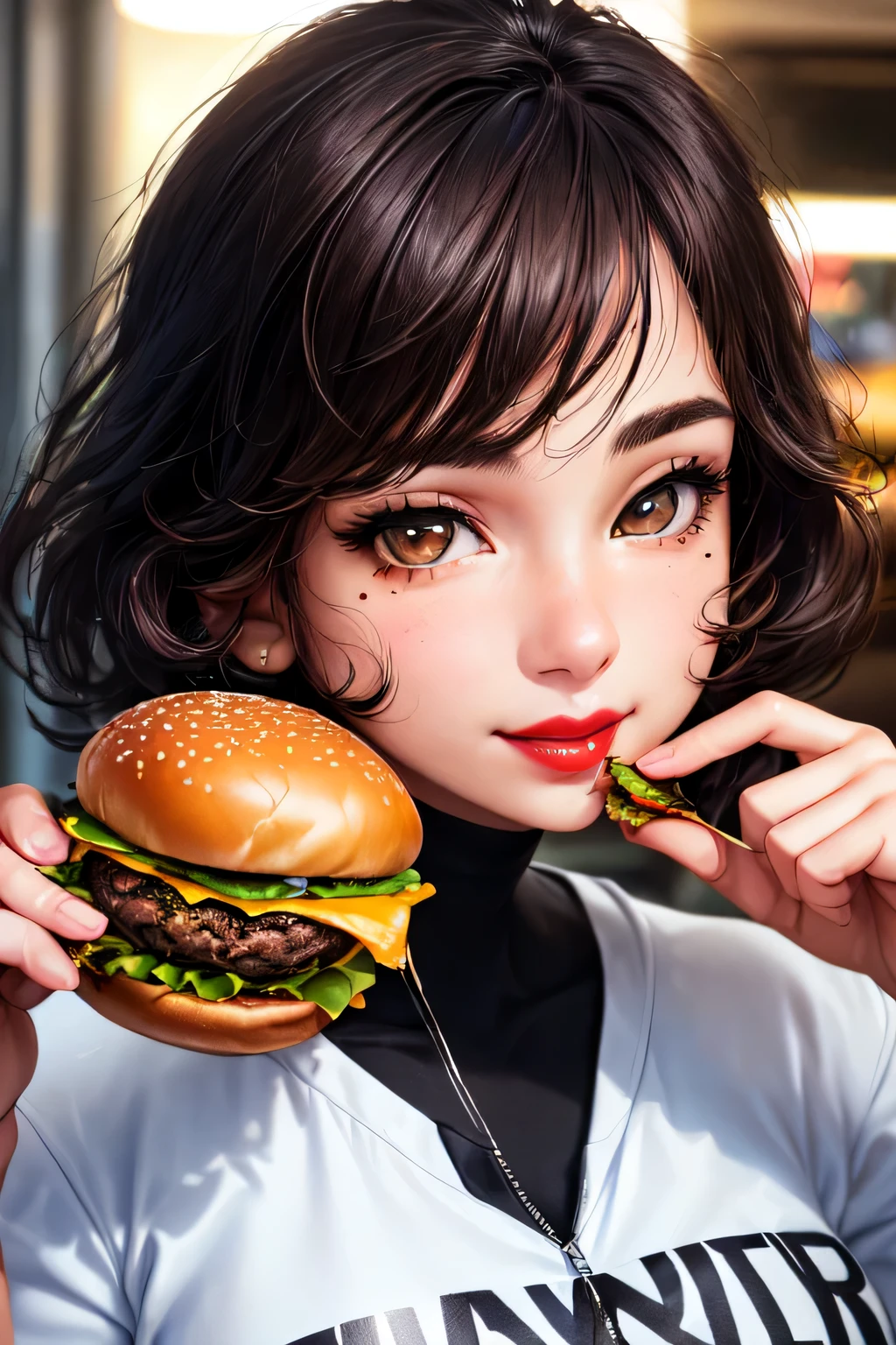 1 girl, 18 years old), diner, burger, holding burger close to mouth, ketchup dripping from burger, (beautiful face), (detailed face:1.5), (Anatomically correct), (ultra-detailed face and skin texture ),(((brown eyes:1, 3))), ((bright eyes)), intricate eyes, symmetrical eyes, (thin eyebrows), (eyeliner), ((perfect nose)), (red lips), ( (wide smile), (medium breasts:1, 2), (round breasts), black hair, medium messy hair, short sweatshirt, micro shorts:1.4, (official art), ((best quality)), (masterpiece ), (Ultradetailed), (High Resolution), (Photo Realistic), ((Cinematic Light: 1.2)), ((High Resolution)), (Visible Features), (Line Speed: 1.1), ( (photorealistic: 1.37)), ((unit Extremely detailed 8k CG) , post-processing.