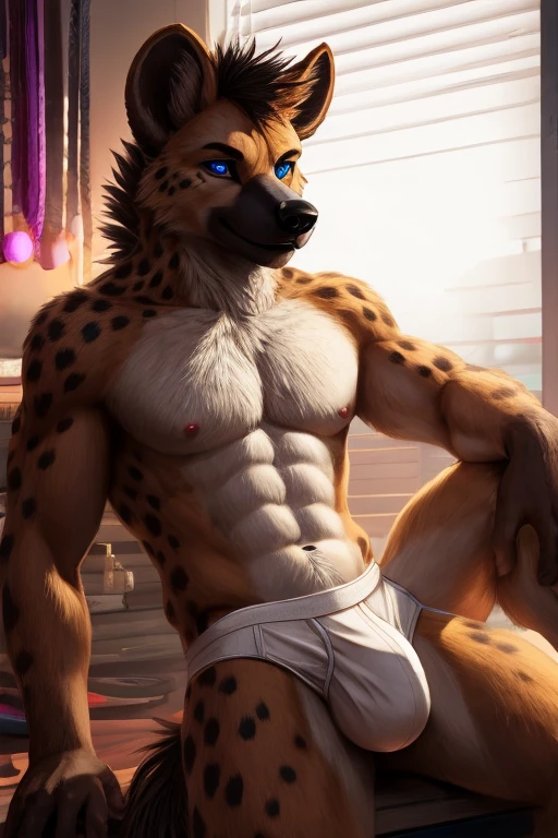 handsome, hyena, scruffy fringe, blue eyes, average build, good eyes, 8k semi realistic, suggestive pose, tight white briefs, large bulge, vibrant colourful, colourful lighting, sassy