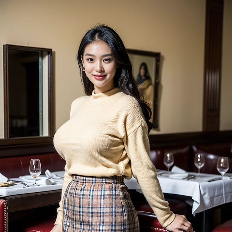 ((Italian restaurant)),(thai woman:1.4),(beige U-neck sweater),(huge breasts:1.4) (Carl outward hair),thin waist,(smile:1.3),small mole under the eye,cowboy shot:1.3, (plaid skirt),