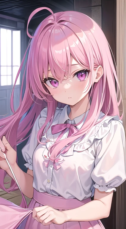 最high quality,very detailed,high quality,Extremely detailed,masterpiece,Super fine,ultra high resolution,超high quality,super delicate face,super realistic,(1 person:1.2)、woman、(Mature:1.5)、pink hair color、(pink eyes)、small breasts 、slender body、Ahoge、(contempt:1.3)、White shirt and light blue skirt