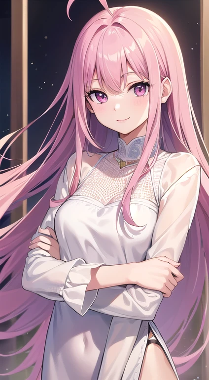 (masterpiece, high quality, 4k, 8k:1.4), 1girl, solo, pink hair, brown eyes, double-parted bangs, long hair, (mature female, mature:1.2), mole under eye, earrings, white strap flowy dress, close up, detailed face, beautiful detailed brown eyes, extremely detailed face, long eyelashes, intricate details, soft lighting, warm color palette, indoors