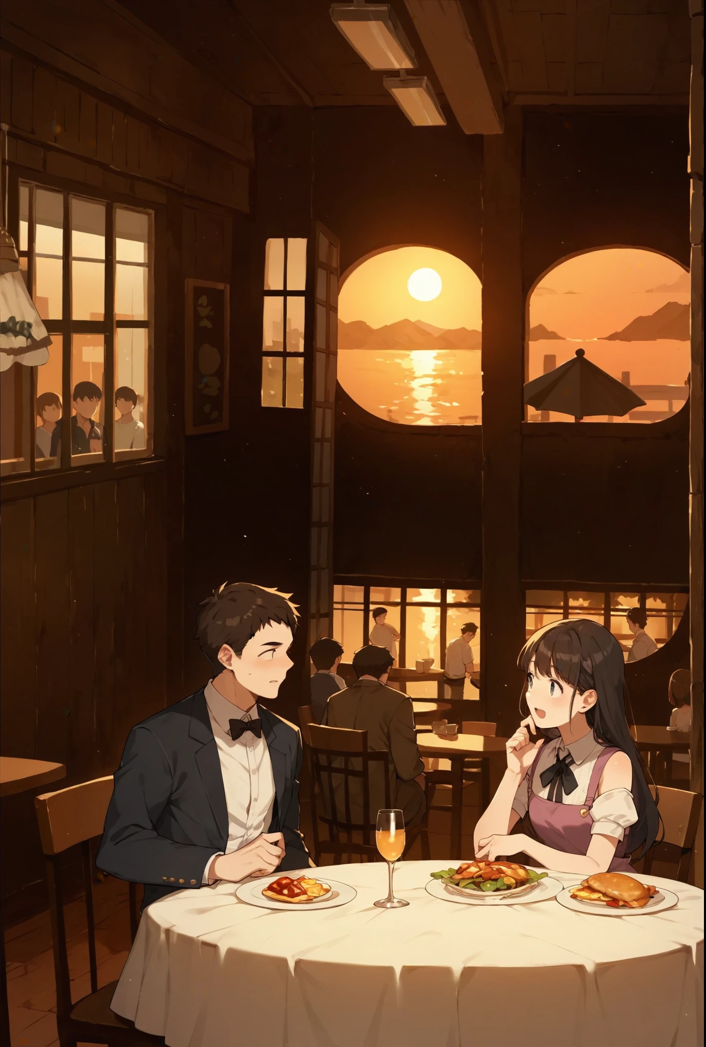 score_9, score_8_up, score_7_up, score_6_up, (score_anime),(sunset at the restaurant),Guy and girl , 