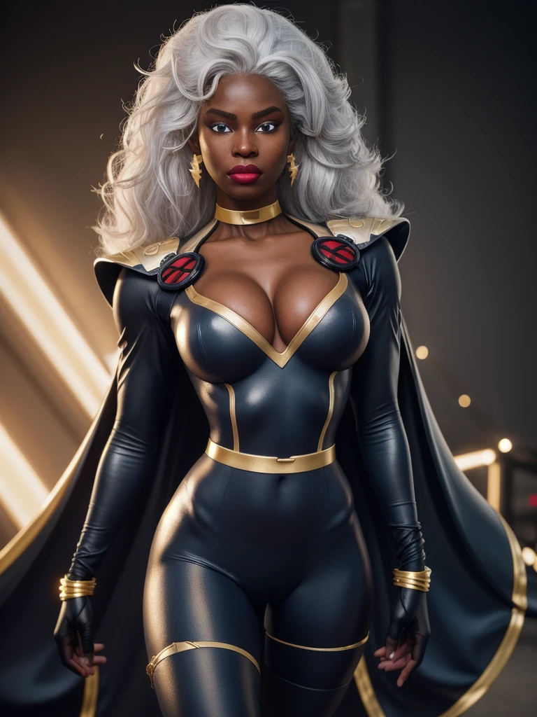 CARTOON_X_MENs_Storm,ownwaifu,
long hair,white hair,dark skin,dark-skinned female,breasts,lips,blue eyes,very dark skin,medium breasts,lipstick,floating hair,very long hair,makeup,big hair,curly hair,red lips,eyelashes,toned,((Detailed face)). Giant 120cm DDD bust, heavy chest, seductive pose, fantasy style, extremely beautiful, goddess, female shape, perfect anatomy, braid, fantasy style, athletic body, full body, large, perfect cleavage,
jewelry,earrings,cape,bracelet,bodysuit,gloves,superhero,choker,
official art,extremely detailed CG unity 8k wallpaper, perfect lighting,Colorful, Bright_Front_face_Lighting,shiny skin, (masterpiece:1.0),(best_quality:1.0), ultra high res,4K,ultra-detailed, photography, 8K, HDR, highres, (absurdres:1.2), Kodak portra 400, film grain, blurry background, (bokeh:1.2), lens flare, (vibrant_color:1.2),professional photograph, (beautiful_face:1.5),