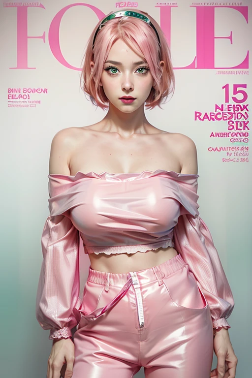 young woman, bubblegum pink hair tied in a bun, wide forehead, porcelain skin, pink eyebrows, emerald green eyes, upturned nose, thick pink lips, heart-shaped face, dark red clothes, Sakura Haruno, realism, well detailed, 3d
