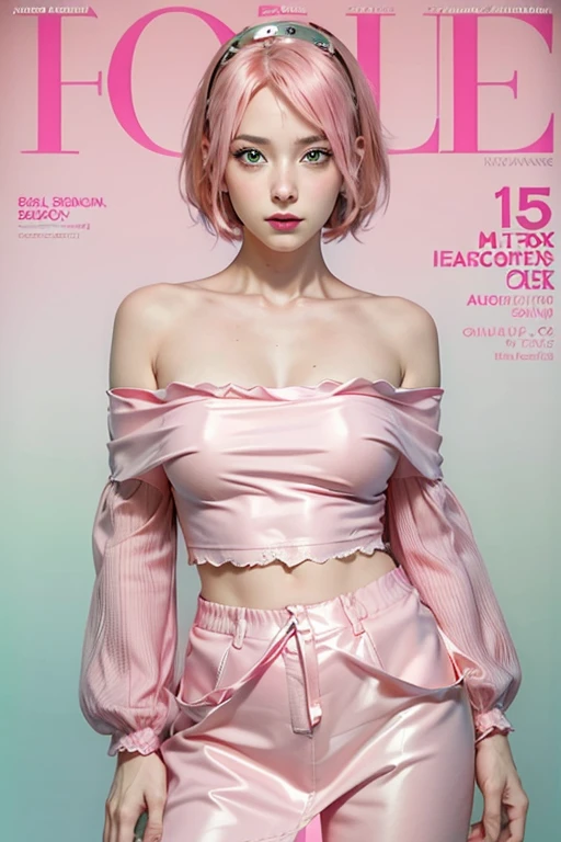 young woman, bubblegum pink hair tied in a bun, wide forehead, porcelain skin, pink eyebrows, emerald green eyes, upturned nose, thick pink lips, heart-shaped face, dark red clothes, Sakura Haruno, realism, well detailed, 3d
