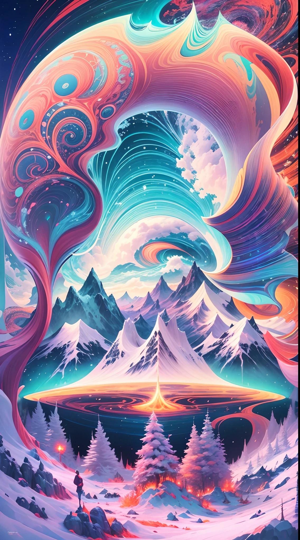 ((maravilhas do inverno, Montanhas cobertas de neve, )),(Melhor qualidade,4K,8k,A high resolution,obra de arte:1.2),ultra-detalhado, [cores vibrantes], [psychedelic patterns], [texturas cintilantes], [Formas abstratas], [unique design], [Um brilho hipnotizante], [creative composition], [Playful elements], [atmosfera de sonho], [artistic expression], [surrealismo de fantasia], [energetic movement], [futuristic aesthetic], [magical charm], [Bold and energetic], [Psychedelic vibes], [luzes de neon], [Eclectic combinations], [Ethereal beauty], [An experience from another world], [Toque caprichoso], [sobrecarga sensorial], [mind-blowing illusions], [Electricity], [Hypnotic vision], [Natureza misteriosa], [Imaginative footwear], [detalhe atraente], [contraste dinamico], [psychedellic color palette], [artesanato delicado], [visuais atraentes], [Perspectiva fascinante], [Unconventional design], [Mindset expansion], [An unforgettable shock].