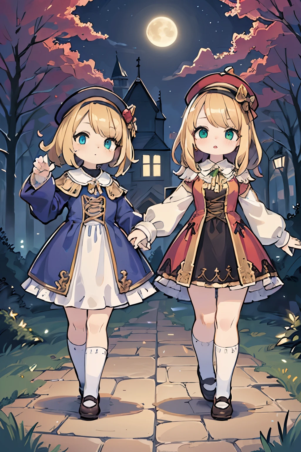 two girls, (Virginia Otis,  (blond hair, blue eyes)) pose with (16 years oldald (blond hair, green eyes)). Victorian style. thin, cute face, walks at night in Canterville Castle (inspired by the novel The Canterville Ghost). aged 1887, Victorian fantasy